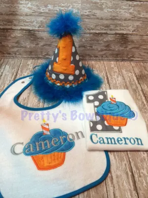 1st Birthday set. Hat, shirt or one piece , and bib. Can customize