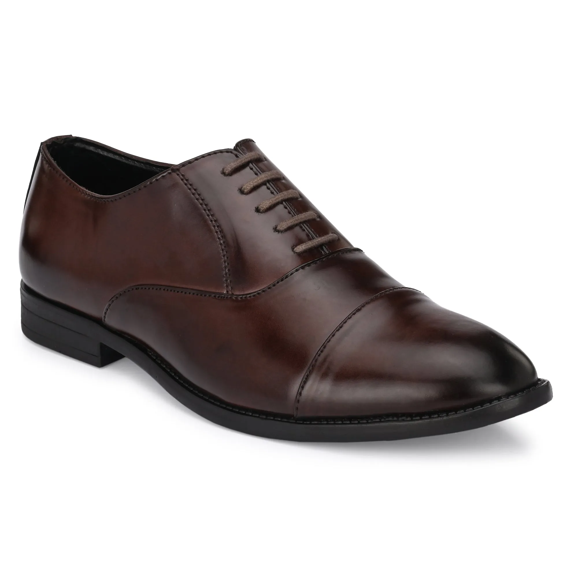 Attitudist Unisex Handcrafted Oxford Brown Plain Formal Laceup Derby Shoes With Cap Toe