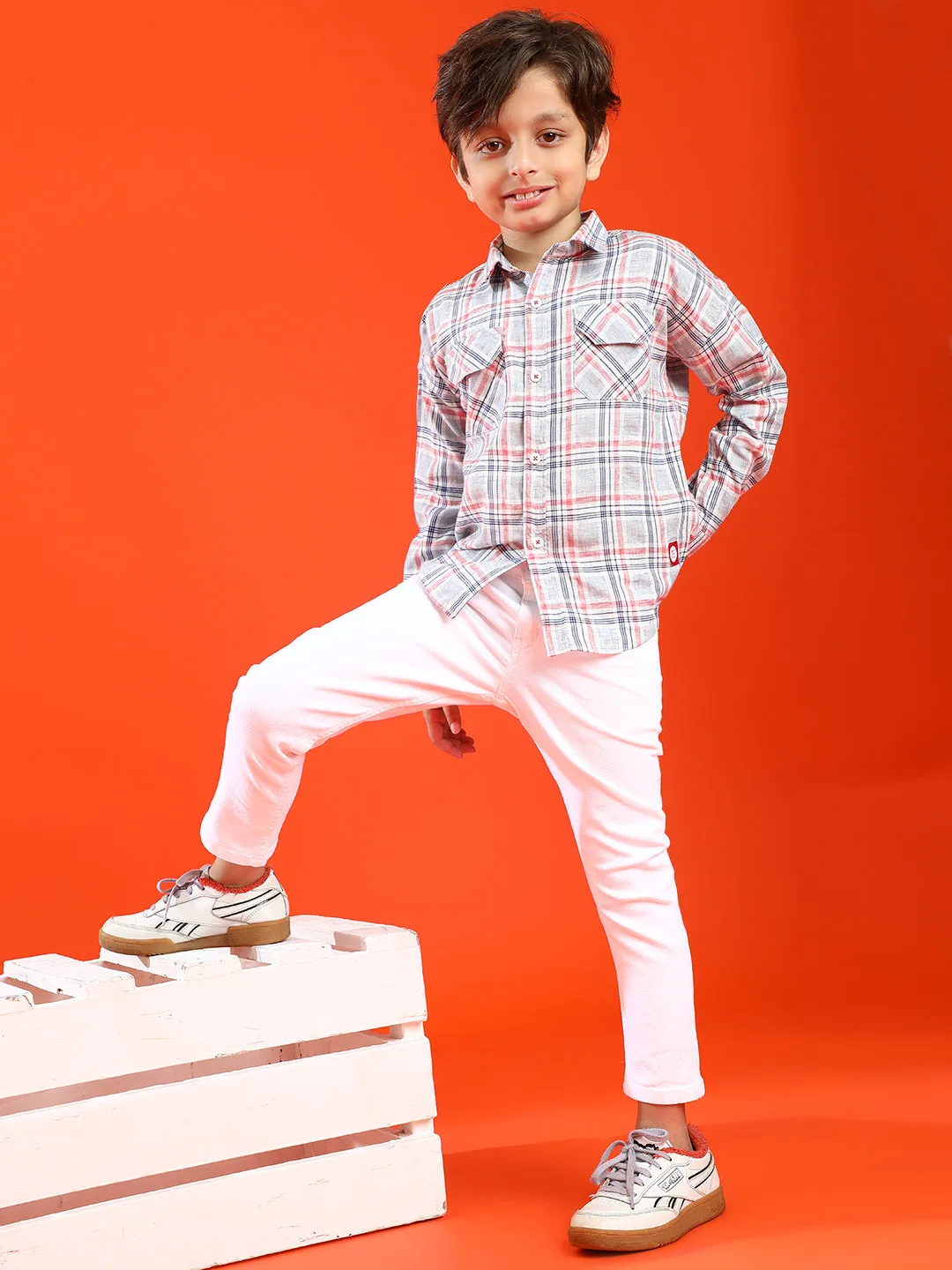 Boys Grey 100% Cotton Regular Fit Checked Shirt