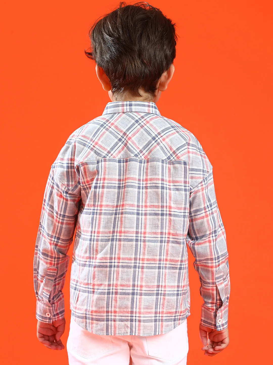 Boys Grey 100% Cotton Regular Fit Checked Shirt