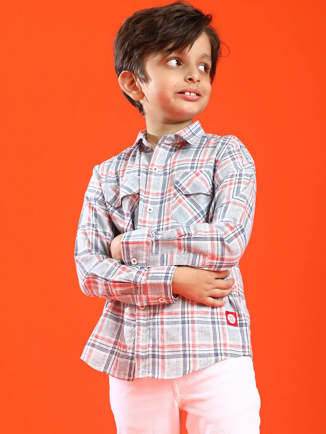 Boys Grey 100% Cotton Regular Fit Checked Shirt