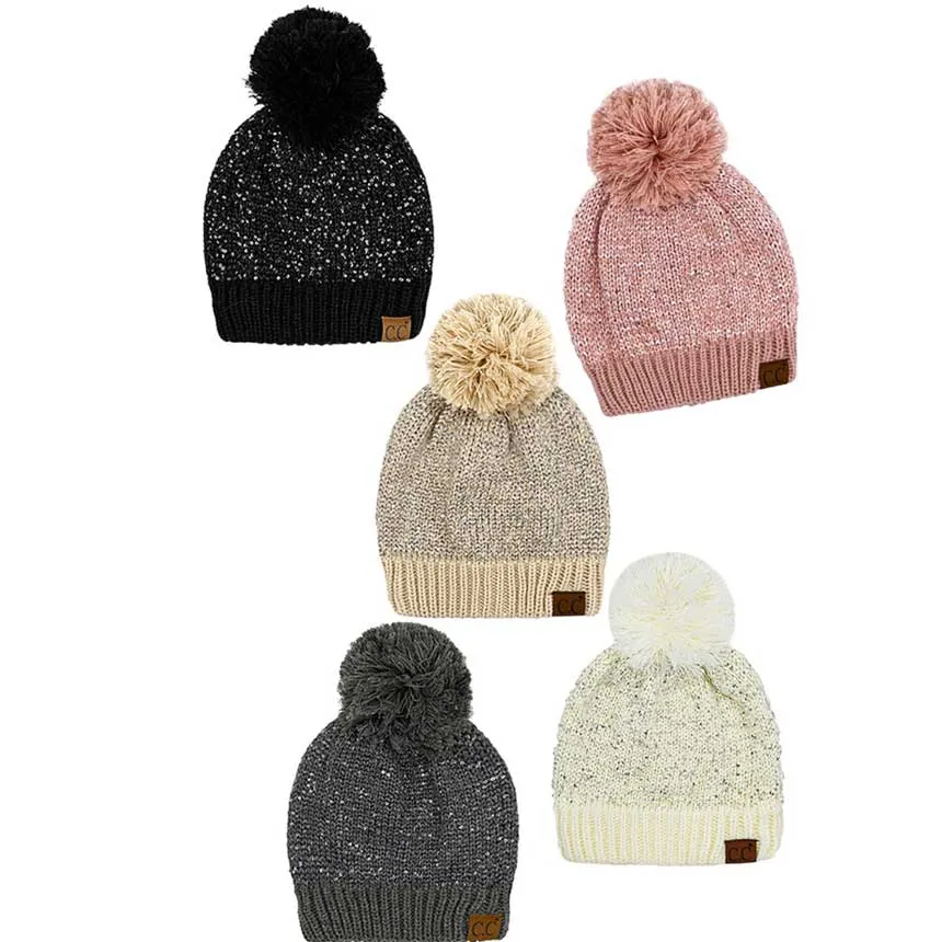 C.C Sequin Cuff Pom Pom Beanie Hat