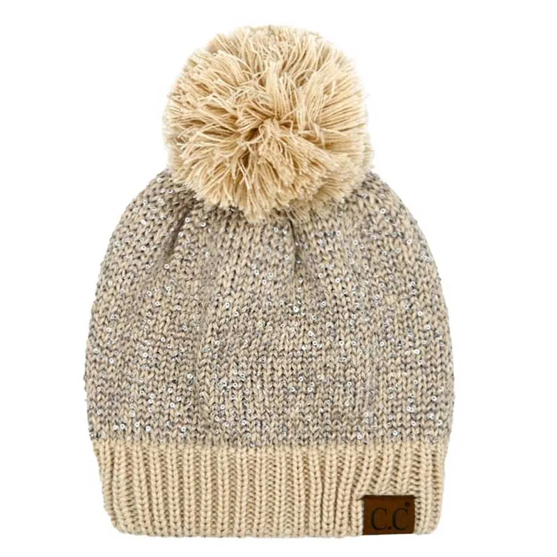 C.C Sequin Cuff Pom Pom Beanie Hat