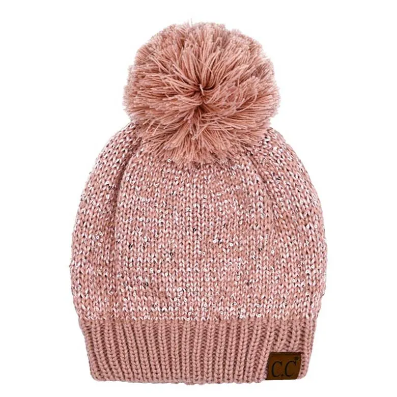 C.C Sequin Cuff Pom Pom Beanie Hat