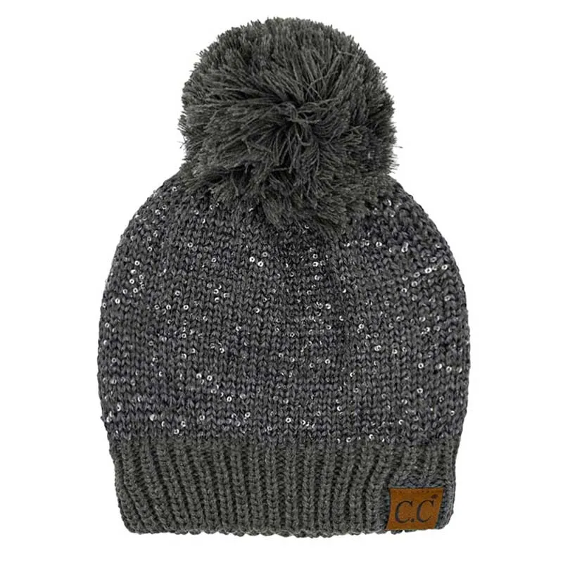 C.C Sequin Cuff Pom Pom Beanie Hat