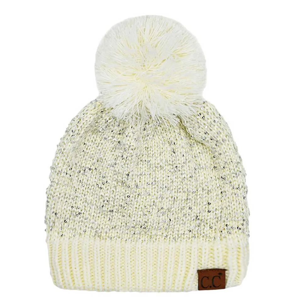 C.C Sequin Cuff Pom Pom Beanie Hat