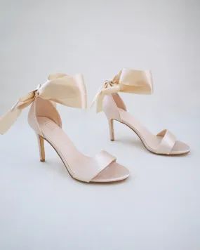 Champagne Satin High Heel Evening Sandals with Wrapped Ankle Tie