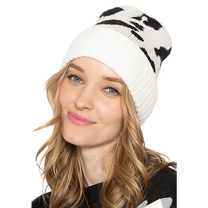 Cow Pattern Ribbed Knit Cuff Beanie Hat