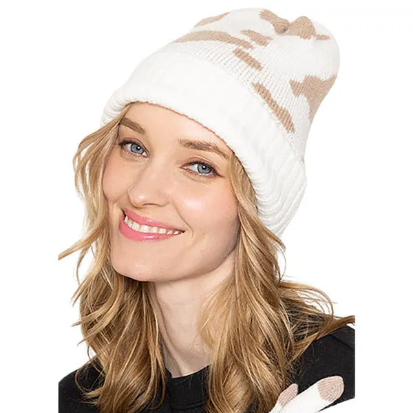 Cow Pattern Ribbed Knit Cuff Beanie Hat