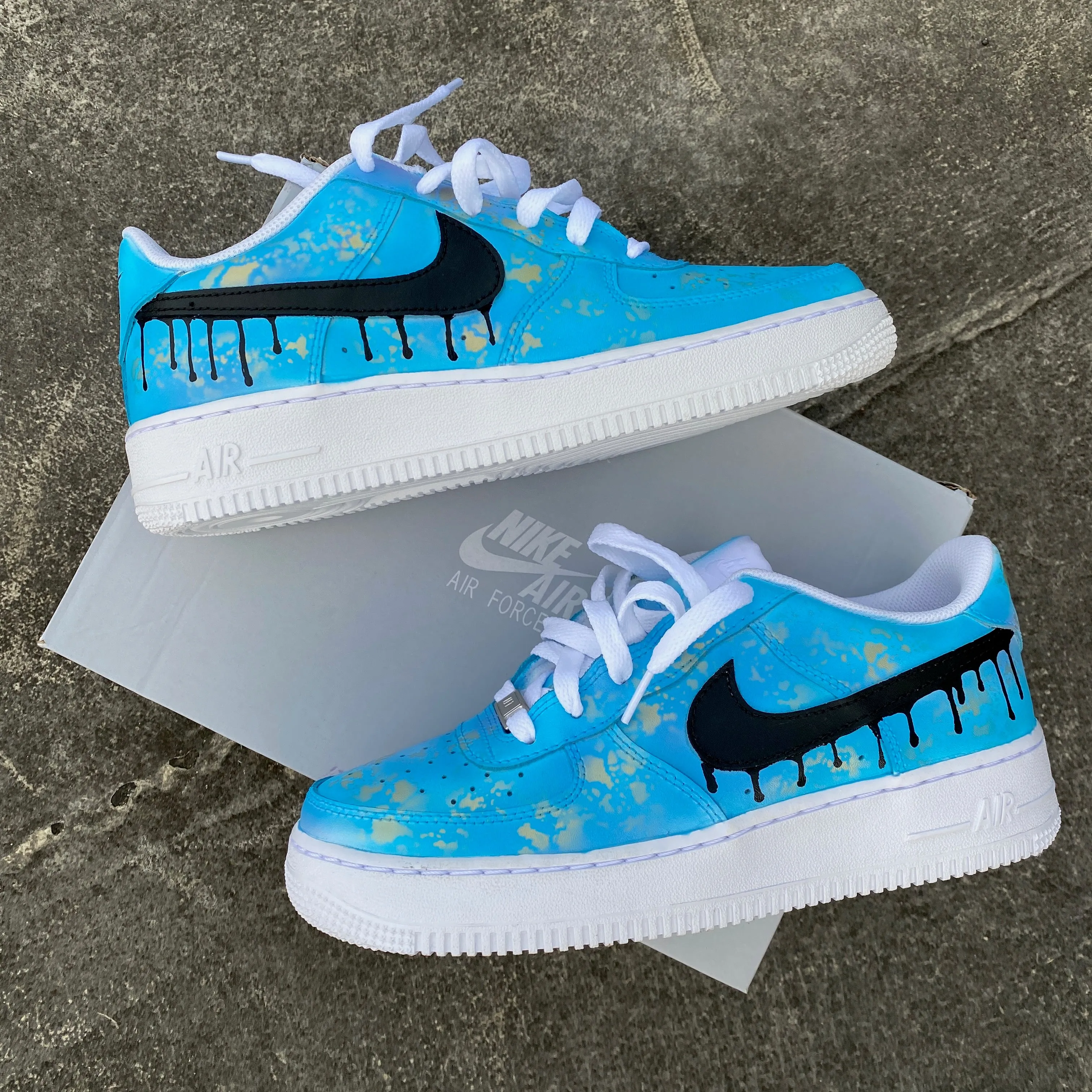 Custom Hand Painted Gold Speckled Blue Drip Nike Air Force 1