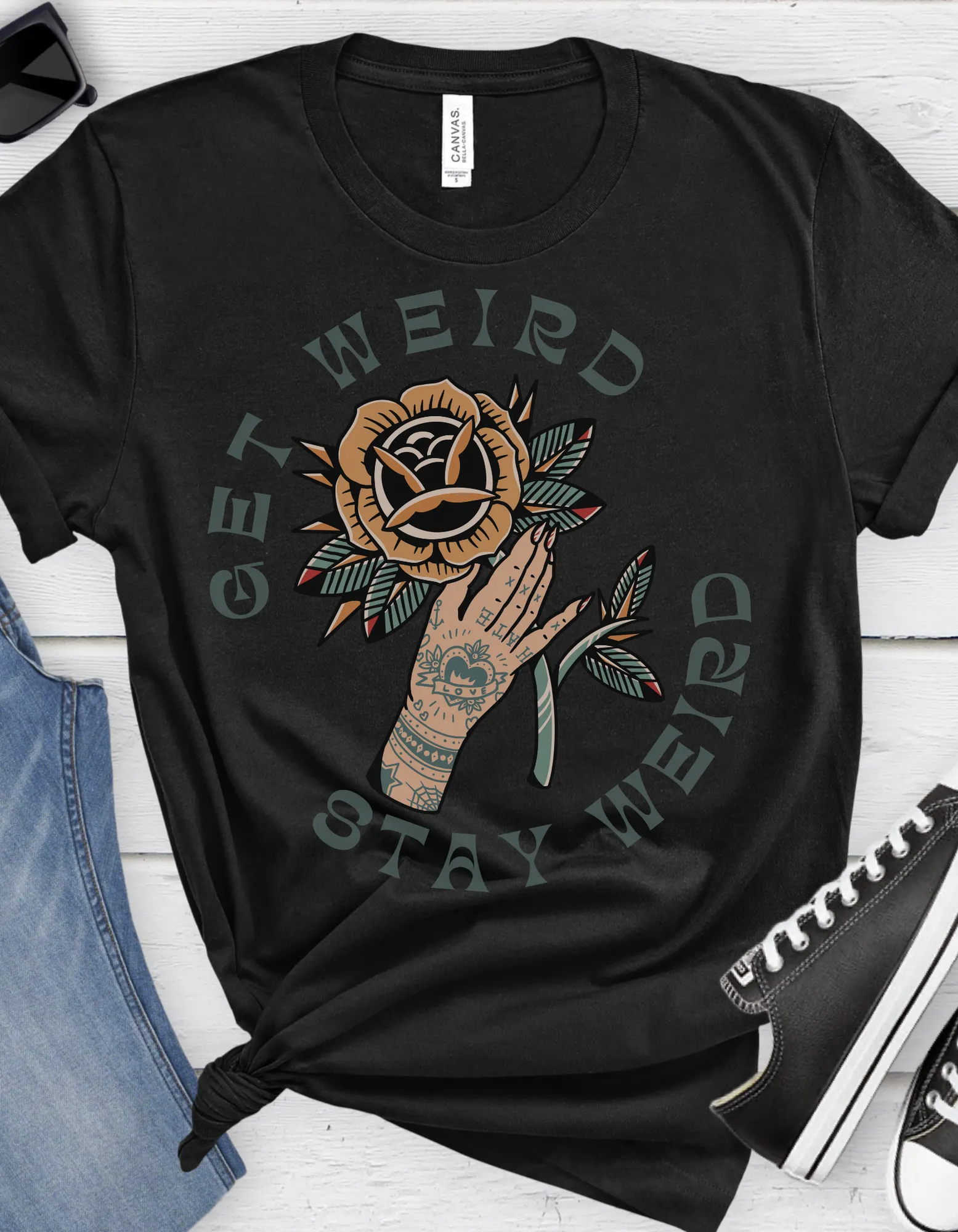 Get Weird Stay Weird Tattoo T-shirt / Tattooed Hand With Rose Unisex Vintage Traditional Tattoo Tee Shirt / Punk Rock Clothing Tshirt