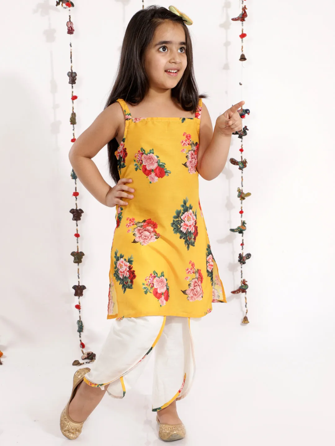 Girls' Floral Printed Cotton Silk Kurta And Tulip Pants