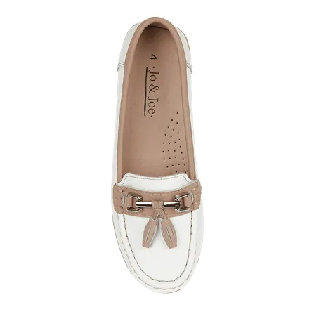 Ladies Leather Slip on White/Mocha Shoes Seafairer Flat Jo & Joe