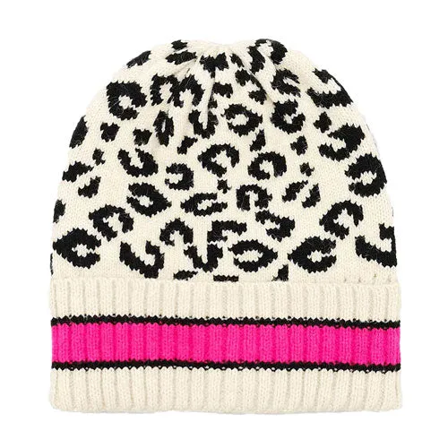 Leopard Patterned Striped Cuff Knit Beanie Hat