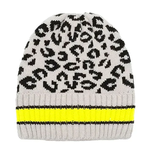 Leopard Patterned Striped Cuff Knit Beanie Hat