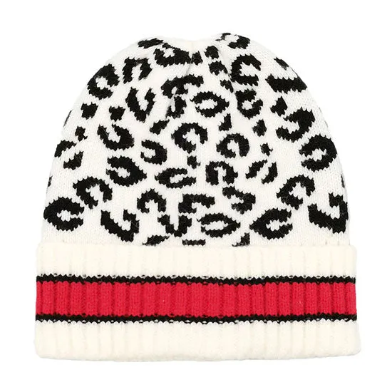 Leopard Patterned Striped Cuff Knit Beanie Hat