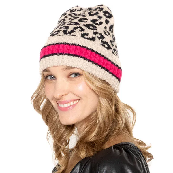 Leopard Patterned Striped Cuff Knit Beanie Hat