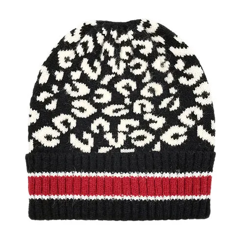 Leopard Patterned Striped Cuff Knit Beanie Hat