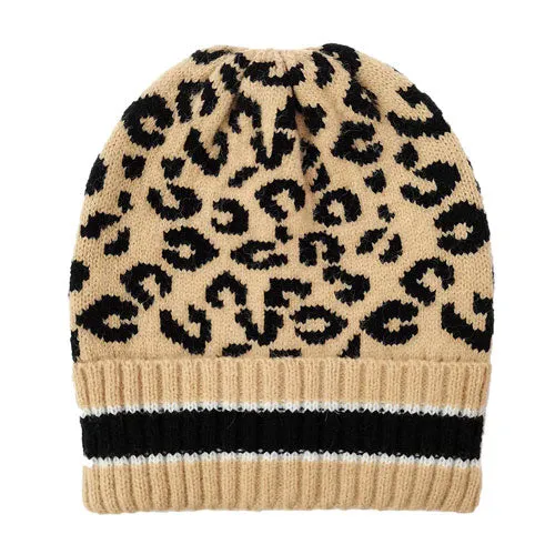 Leopard Patterned Striped Cuff Knit Beanie Hat