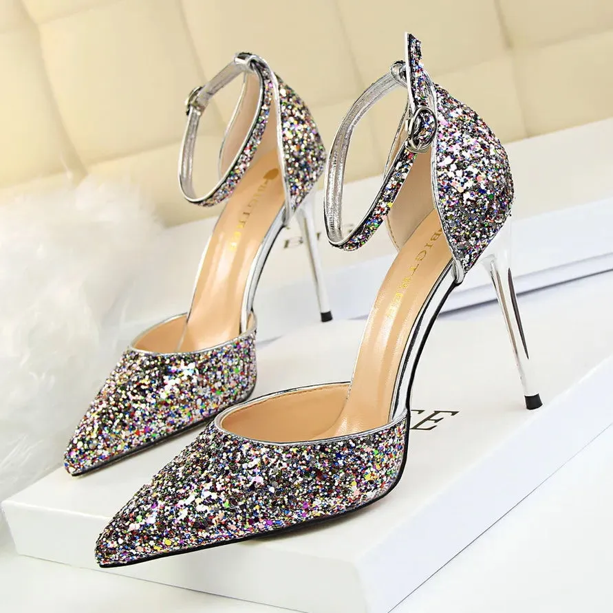 Luxury Sequined Womens Sandals Sexy Pumps 7.5cm 9.5cm Stiletto Heels Wedding Party Shoes Ankle Strap Pointed Toe Summer Sandale Size 35-40