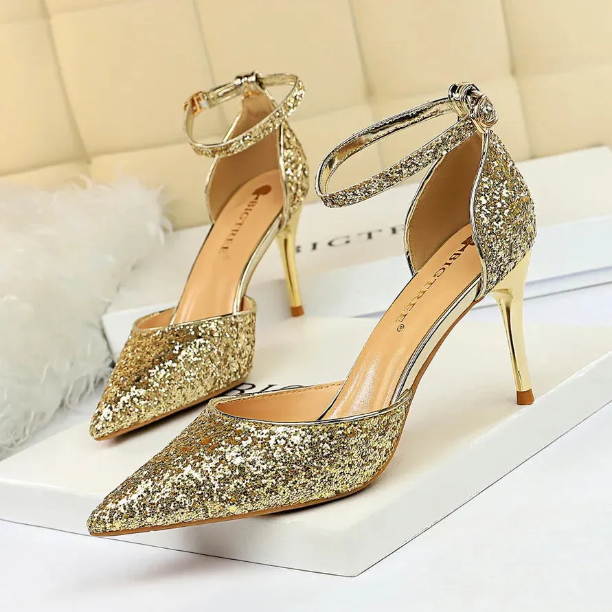 Luxury Sequined Womens Sandals Sexy Pumps 7.5cm 9.5cm Stiletto Heels Wedding Party Shoes Ankle Strap Pointed Toe Summer Sandale Size 35-40