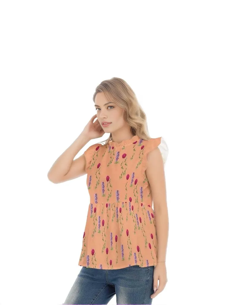 Peach Floral Womens Lotus Leaf Blouse