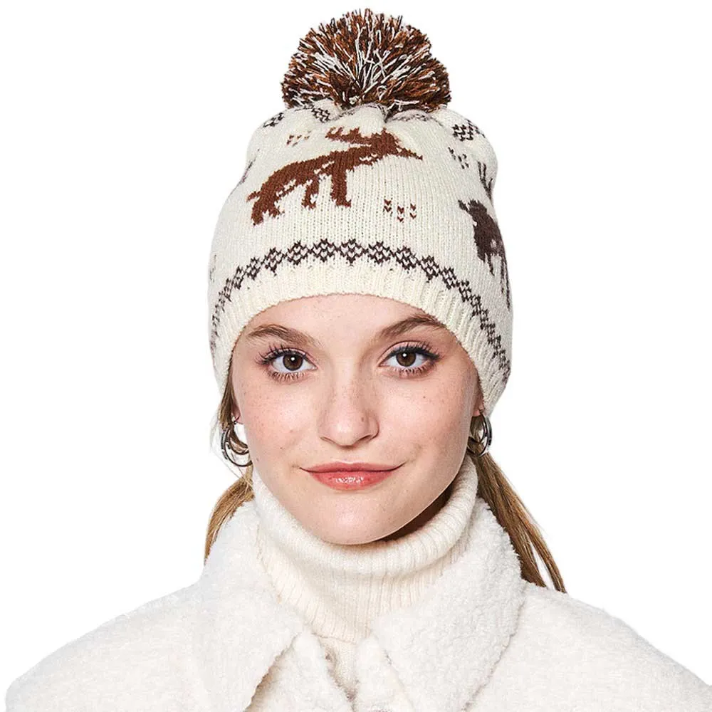 Reindeer Nordic Pom Pom Beanie Hat