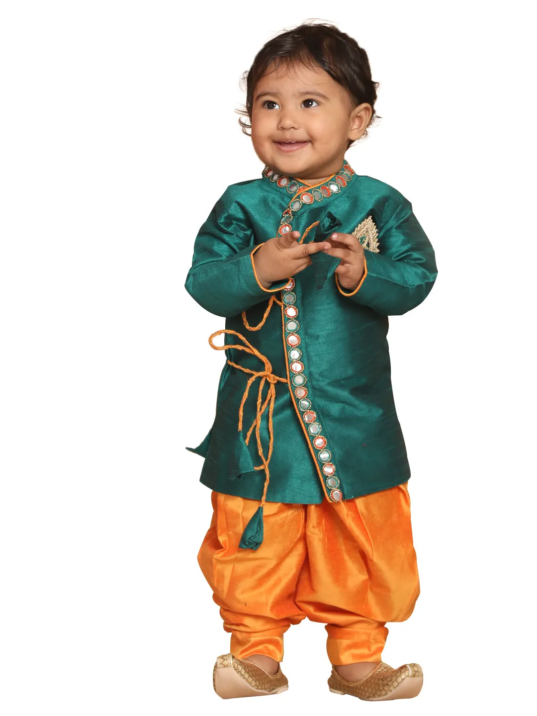 VASTRAMAY Boy's Green Embroidered Angrakha Mirror Work Kurta with Dhoti Pants