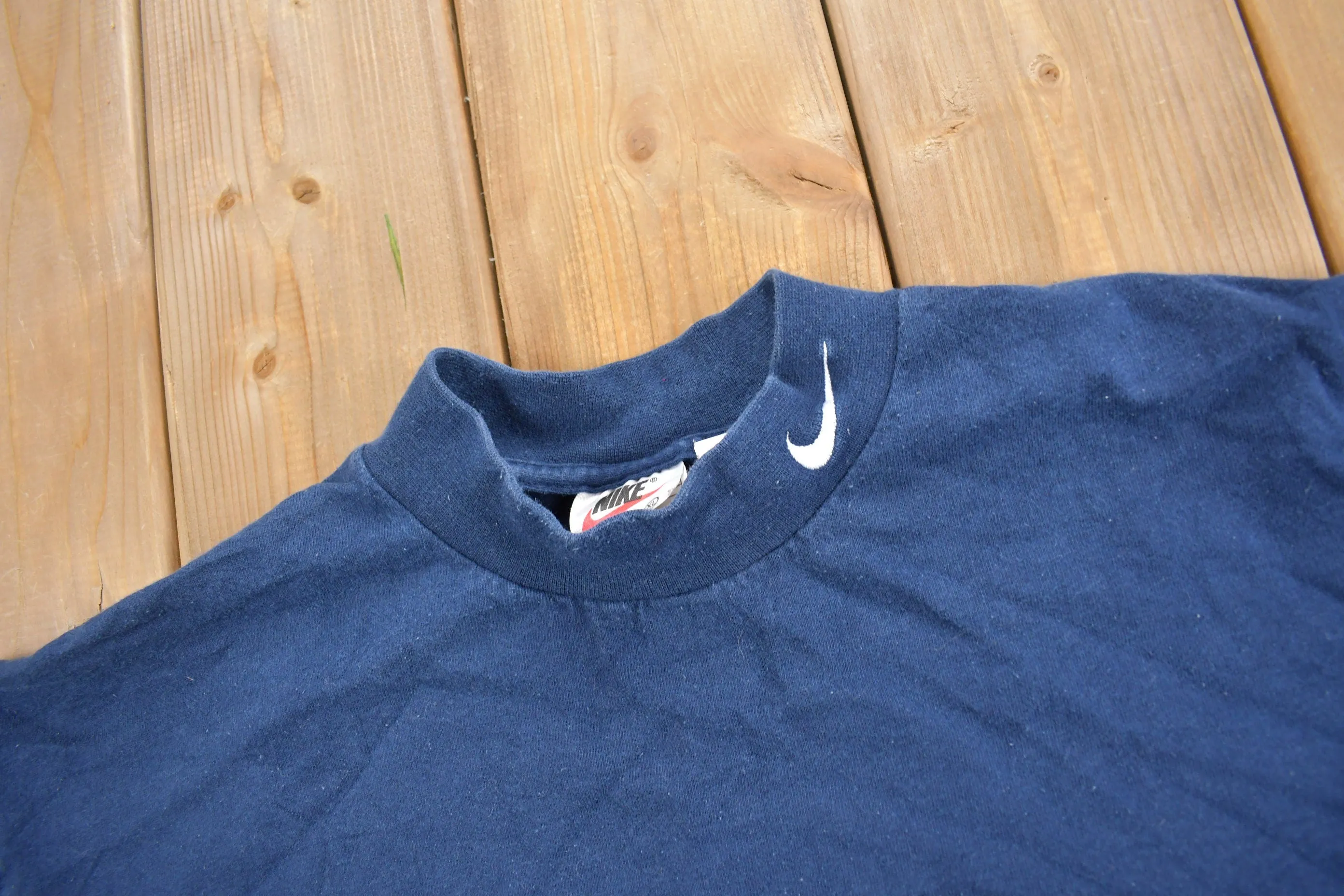 Vintage 1990s Nike Mini Swoosh Mockneck Long Sleeve T Shirt / Vintage Nike / Sportswear / Streetwear / Made In USA