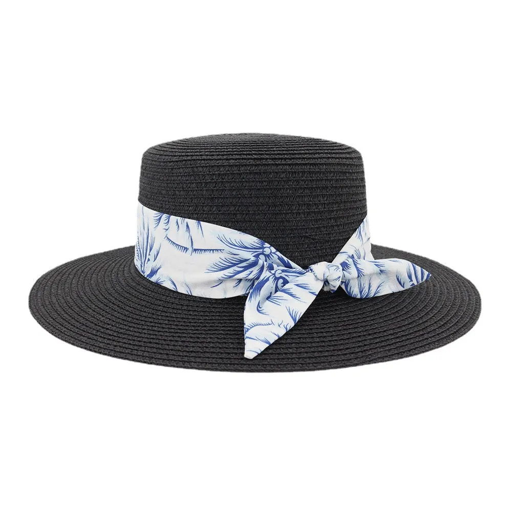 Women Sunscreen Travel Beach Sun Hat Elegant Bowknot Jazz Hat Flat Hat Straw Hat