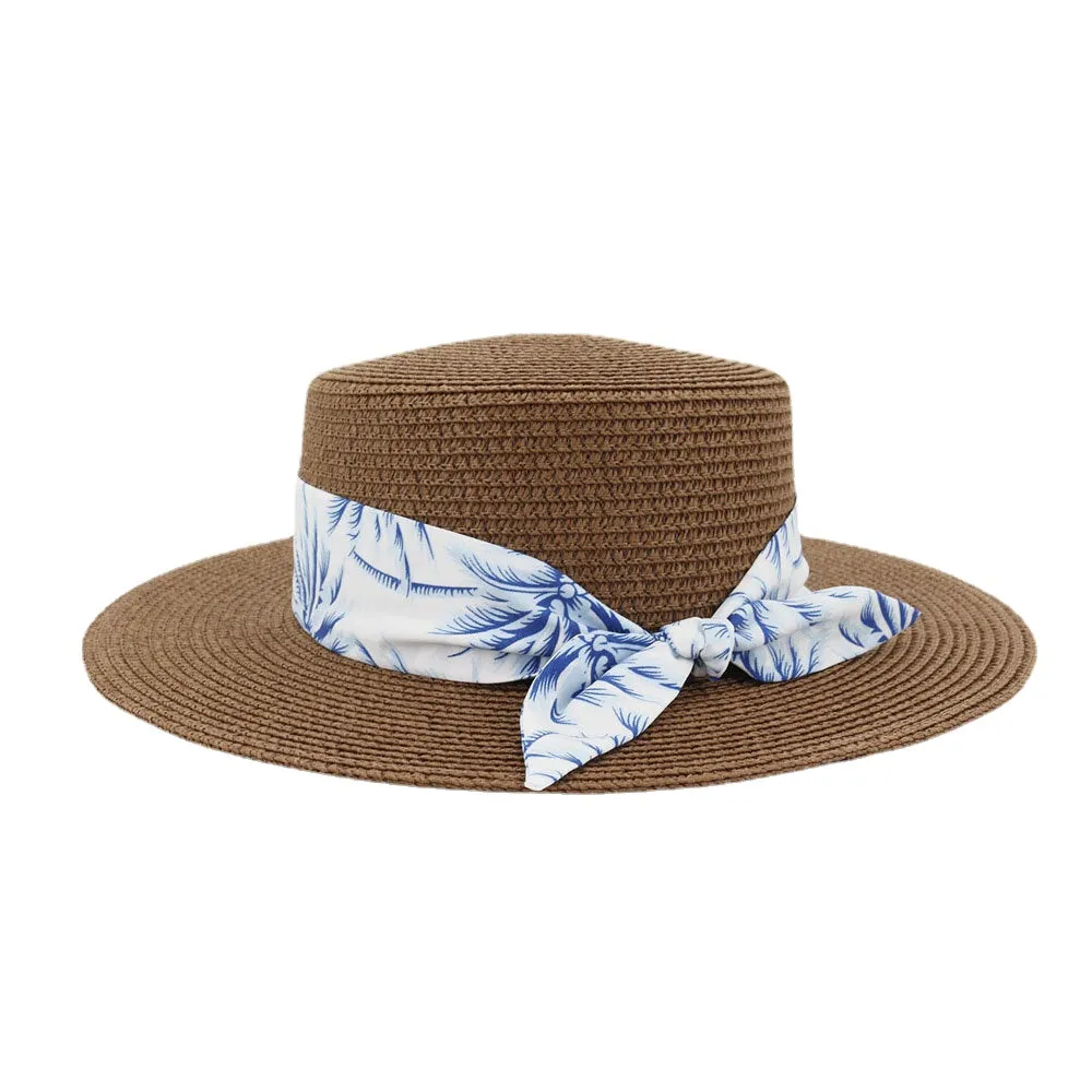 Women Sunscreen Travel Beach Sun Hat Elegant Bowknot Jazz Hat Flat Hat Straw Hat