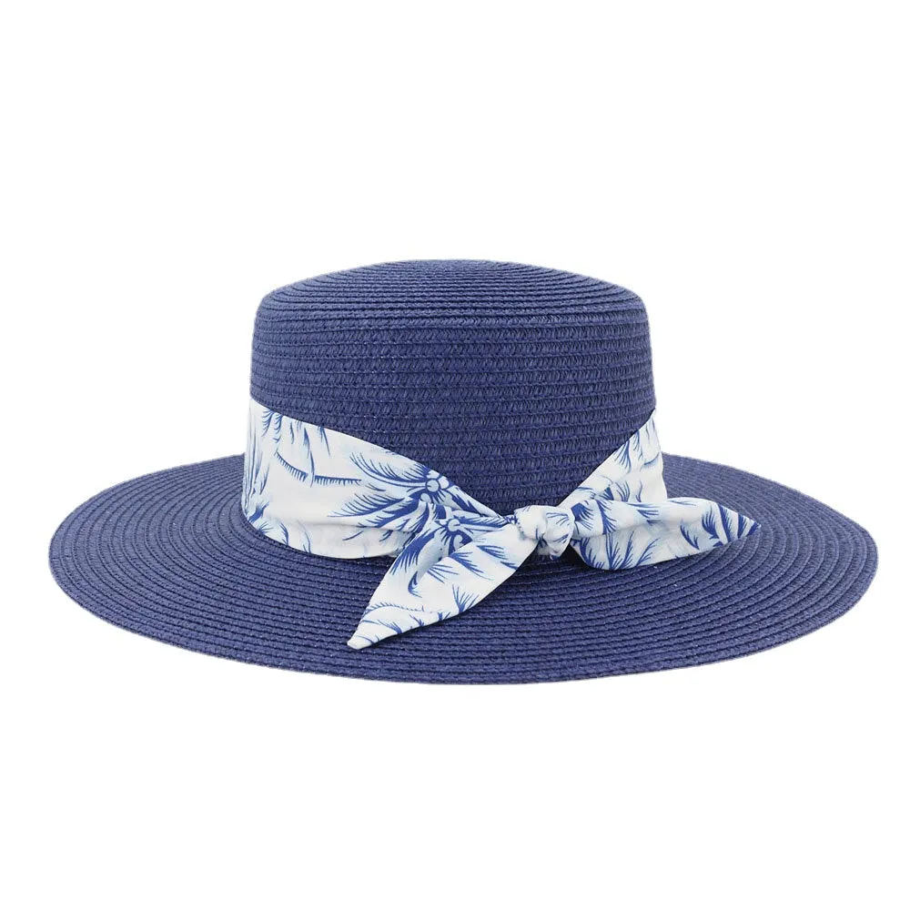 Women Sunscreen Travel Beach Sun Hat Elegant Bowknot Jazz Hat Flat Hat Straw Hat